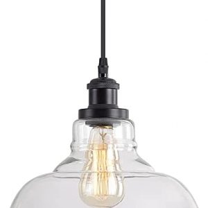 Industrial Pendant Lights, Vintage Hanging Light Over Table, Clear Dome Glass Lampshade, Black Lamp Head and Base, Adjustable Hanging Height Lighting Fixtures