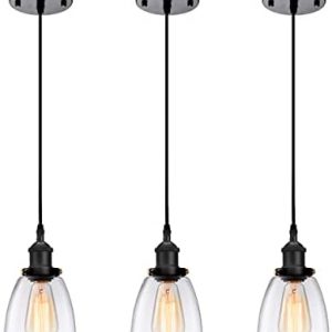 Kitchen Mini-Pendant Light Industrial Edison Hanging Light Island Clear Glass Adjustable Nylon Core Ceramic Holder Lighting Fixture Indoor for Dining Room Entryway Loft (Bulb Not Included) (3 Packs)