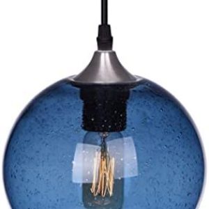 ARIAMOTION Pendant Lights Kitchen Island Hand Blown Glass Modern Light Fixtures Ceiling Hanging Blue Globe Seeded Bubbles Brushed Nickel 7.4 Inch Diam