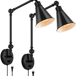 Wall Sconce Plug in Wall Light Fixtures Swing Arm Wall Lamp Set of 2 Industrial Dimmable Adjustable Black Wall Sconce for Home Decor Bedroom Bedside Bathroom Reading