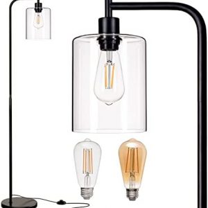 addlon LED Floor Lamp, with Hanging Glass Lamp Shade and 2 Distinctive LED Bulbs for Bedroom and Living Room, Modern Standing Industrial Lamp Tall Pole Lamp for Office, Matte Black