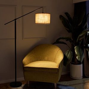 Suraielec Arc Floor Lamp, Overhang Cantilever Standing Floor Lamp for Couch, Sofa, Reading, Living Room, Bedroom, Adjustable Balance Arm, Natural Linen Drum Shade, Matt Black Metal Pole, Foot Switch