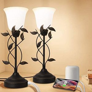 Bedside Lamps, Touch Control Table lamp 3 Way Dimmable Nightstand Lamp with USB Charging Ports Glass Shade Retro Leaf Detailed Body Bedroom Lamp for Living Room, Office, College Dorm, Set of 2