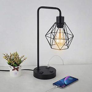 Edison Desk Lamp Industrial Table Lamps Dual USB Port with AC Outlet Nightstand Bedside Reading Lamp with Metal Cage E26 Bulb for Bedroom Living Room Coffee Bar Studio Decor