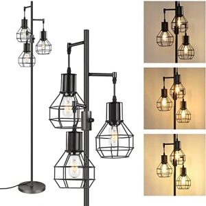 EDISHINE Industrial Floor Lamp, Dimmable Farmhouse Standing Lamp for Living Room, Sturdy Base, Rustic Tall Tree Reading Lamps Home Decor for Bedroom, Office, Black (3 LED Edison Bulbs Included)