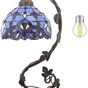 WERFACTORY Tiffany Table Lamp Blue Purple Stained Glass Baroque Style Reading Desk Light, Metal Leaf Base 8X10X21 Inches Decor Small Space Bedside Bedroom Home Office S003C Series