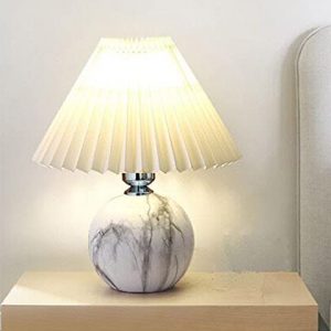AFORTLO Pleated Table Lamp, Small Ceramic Base Pleated Shade Boho Decorative Nightstand Night Light Desk Lamp for Bedroom,Living Room,End Table or Office with Bulb(Marble)