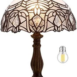 WERFACTORY Tiffany Lamp White Bent Stained Glass Bedside Table Lamp Desk Reading Light 12X12X18 Inches Decor Bedroom Living Room Home Office S508W Series