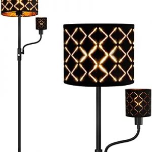 Floor Lamp for Bedroom, 8W LED Floor Lamps with 4W Adjustable Reading Light, Tall Lamp with Black Cutout Fabric Lampshade, 2700K Brightness, Modern Standing Lamp for Living Room/Office/Nightstand