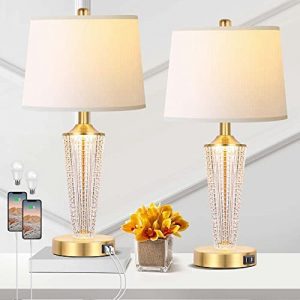 Set of 2 Table Lamps with Dual USB Charging Ports, Glass Table Lamp with Night Light, Modern Bedside Lamp for Living Room, Contemporary Gold Nightstand Lamps Set of 2 for Bedroom Home with 2 Bulbs