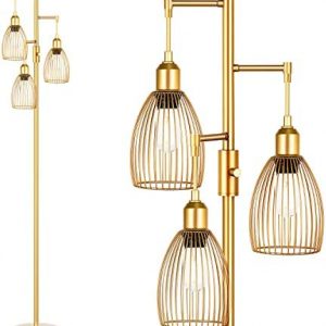 Dimmable Floor Lamp, Industrial Floor Lamps for Living Room, Gold Tree Lamp Standing Lamp Tall Lamps with 3 Elegant Teardrop Cage Head & 800 Lumens LED Bulbs for Living Room Bedroom Office