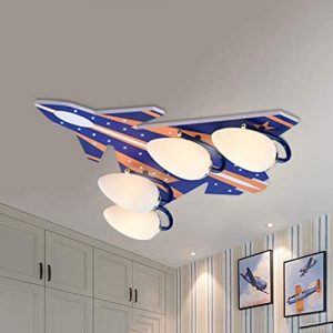 LITFAD Airplane Modern Art Deco Dimmable LED Ceiling Lamp 4 Lights Warm Lighting Semi Flush Mount Ceiling Light Fixture with Controller for Boys Bedroom, Children’s Room, Kids Bedroom Blue