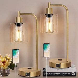Qimh Set of 2 Industrial Touch Control Table Lamps with 2 USB Ports and AC Outlets, 3-Way Dimmable Bedside Nightstand Reading Lamps with 2700K LED Bulbs, Glass Shade Desk Lamp for Living Room,Bedroom