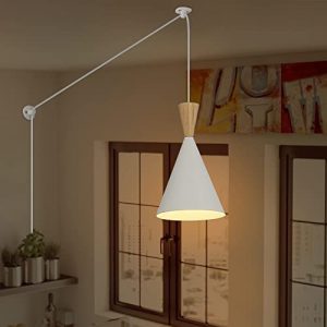 Modern White Plug in Pendant Light Fixture with On/Off Switch Cord Wood Metal Design Small Ceiling Hang Light with Wall Mounted Fixtures 11.5ft Rope Pendant Lamp for Kitchen Island, Bedside