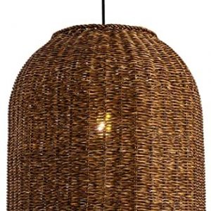 Woven Rattan Pendant Lighting, 13.78” Tightly Woven Wicker Pendant Light for Kitchen Dining Room Bedroom Foyer Hallway, Dark Brown