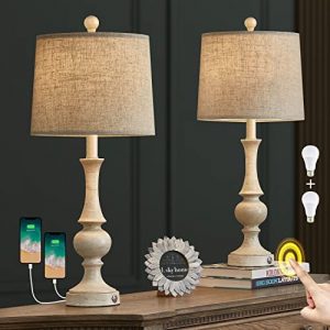 Oneach 24.5 inches 3 – Way Dimmable Touch USB Farmhouse Table Lamps Set of 2 for Living Room Bedroom Rustic Bedside Nightstand Lamp with USB Ports 2 Bulbs Included