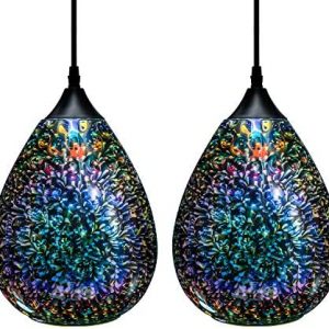 3D Glass Pendant Light, Modern Kitchen Pendant Lighting with Colored Hammered Shade, 3D Reflection Glass Hanging Pendant Ceiling Light Fixture for Living Room Bedroom Island Bar, 8in Chrome,2 Pack
