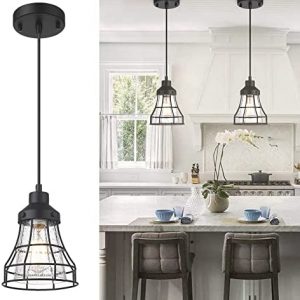 VICNIE 1-Light Industrial Pendant Light, Farmhouse Hanging Light Fixture with Adjustable Cords, Seeded Glass Shade, Metal Frame, Black Finish for Kitchen Islands, Dining Room