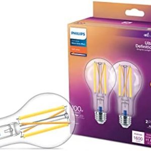 Philips LED Ultra Definition Flicker-Free Dimmable, Eye Comfort Technology, Soft White 2700K A21 Clear Glass Light Bulb, 1600 Lumen, 13.5W=100W, E26 Base, Title 20 Certified, 2-Pack (573667)